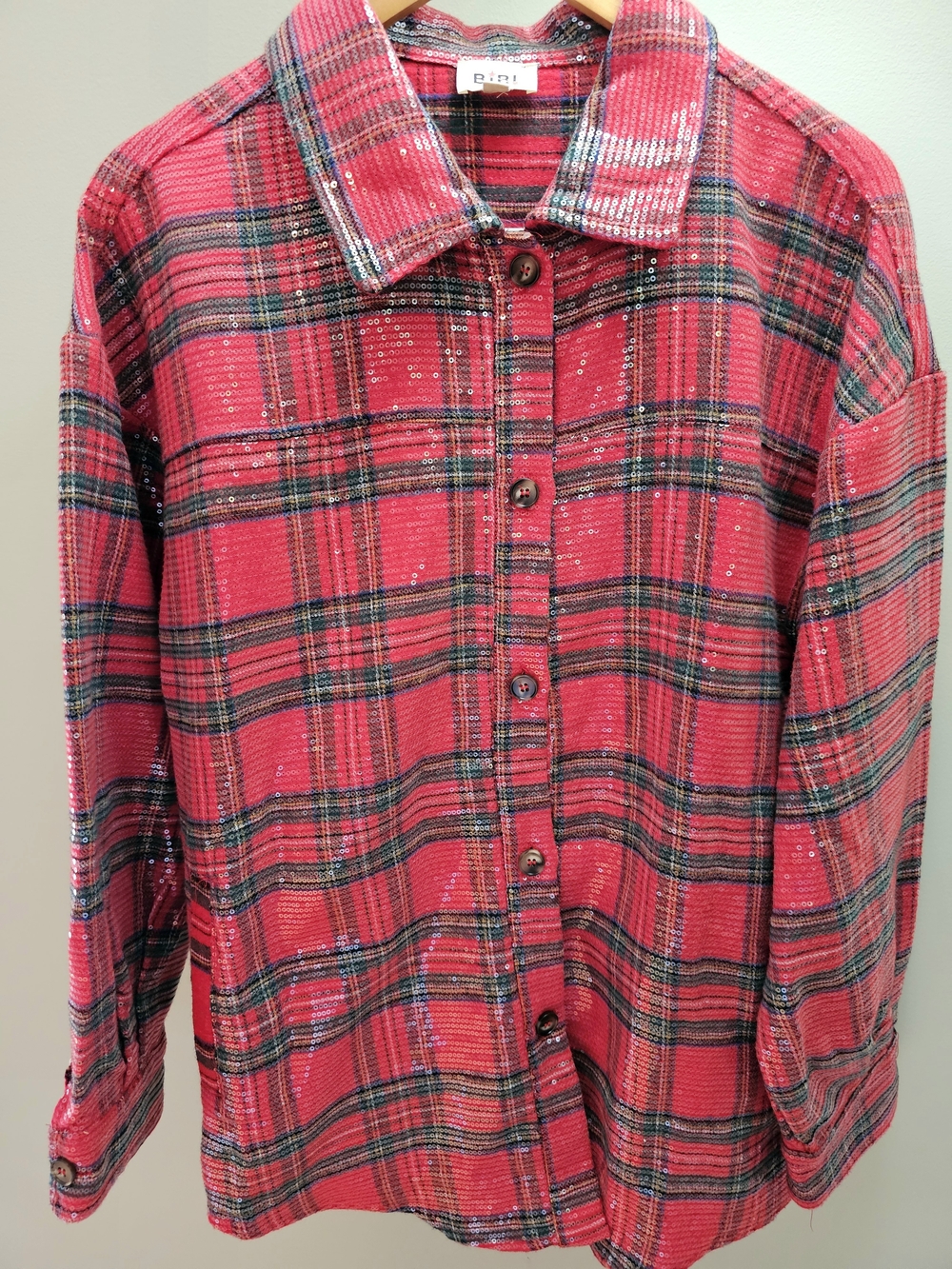 NWOT BiBi Red Plaid Sequin Button-Down Shirt